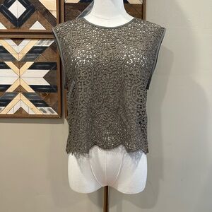 Jenni Kayne Lace Eyelet Sleeveless Exposed Zipper Cropped Top Green Large